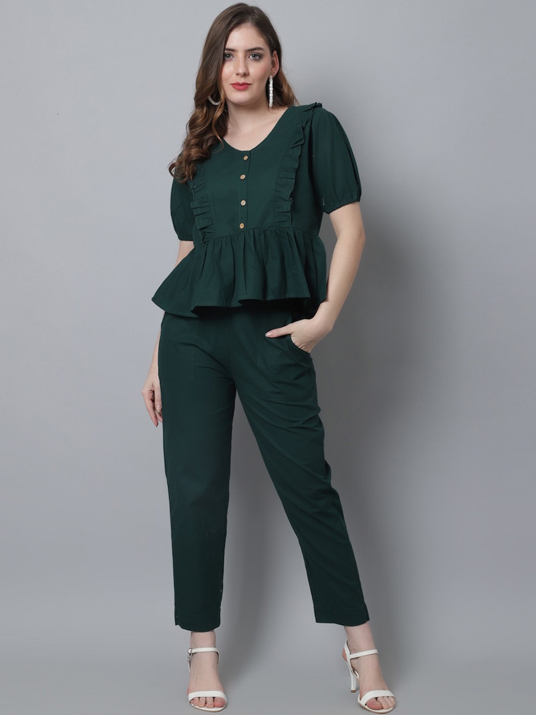 

BAESD Relaxed-Fit Ruffles Pure Cotton Top With Trousers, Green
