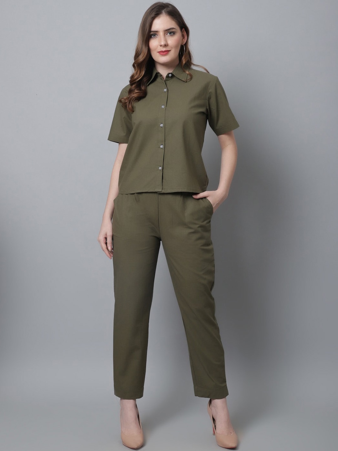 

BAESD Spread Collar Relaxed-Fit Straight Leg Pure Cotton Shirt With Trousers, Olive