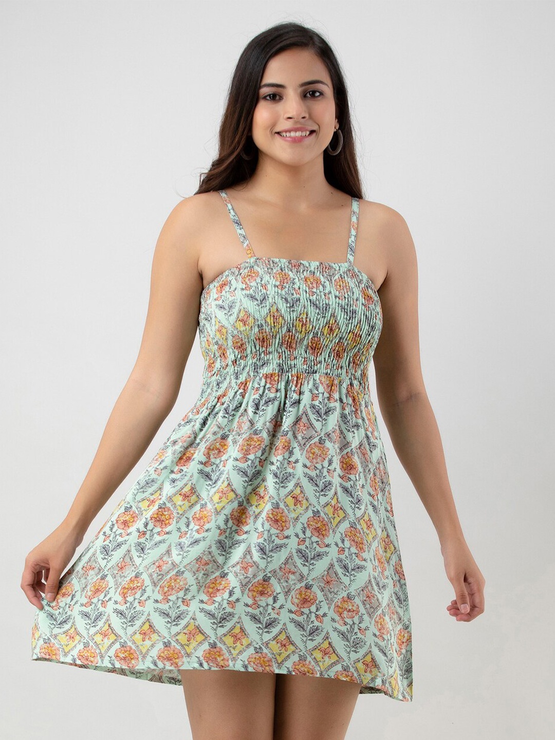 

BAESD Floral Printed Shoulder Straps Smocked Fit & Flare Mini Dress, Green