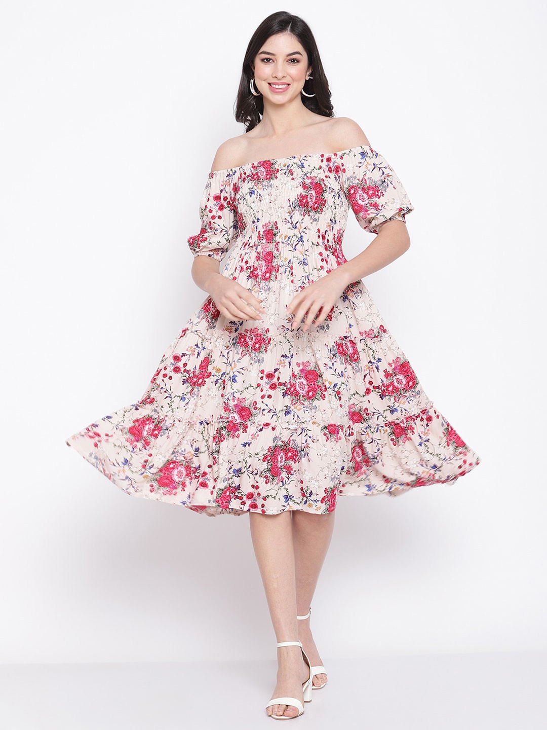 

BAESD Floral Printed Off-Shoulder Puff Sleeve Tiered Fit & Flare Midi Dress, White