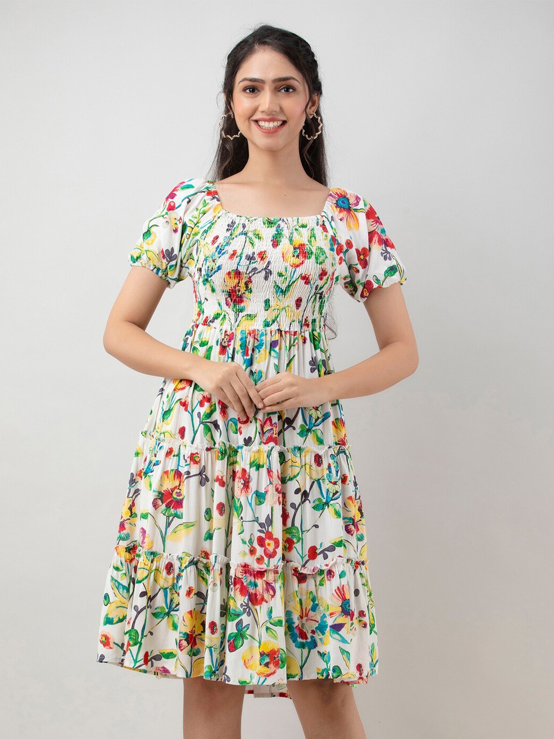 

BAESD Floral Printed Square Neck Puff Sleeves Smocking Tiered Fit & Flare Dress, White