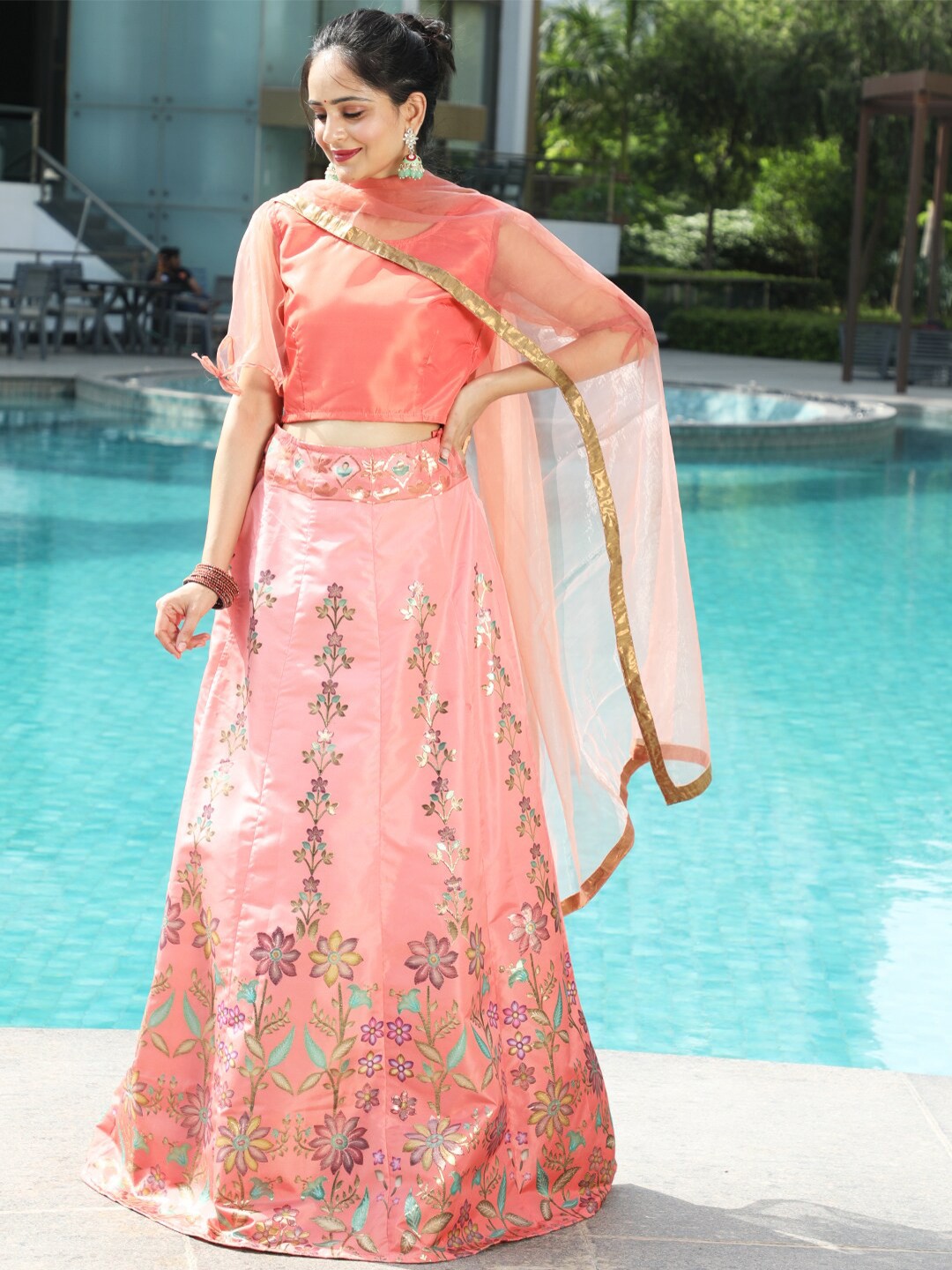 

AKS Couture Round Neck Zari Ready to Wear Lehenga & Blouse With Dupatta, Peach