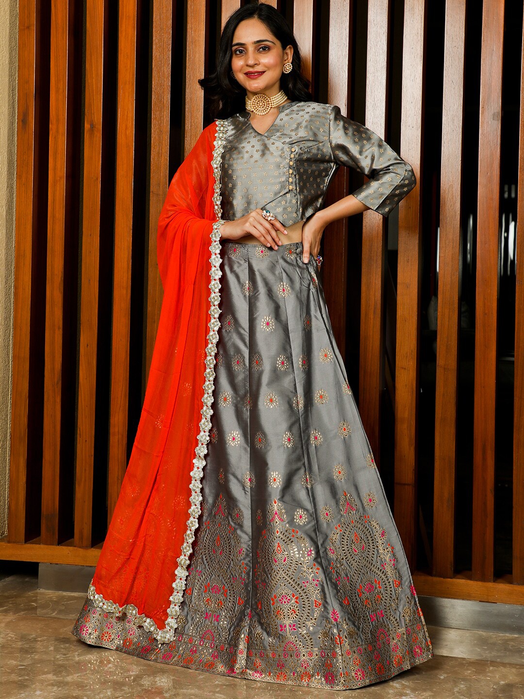 

AKS Couture Woven Design Mirror Work Ready to Wear Lehenga & Blouse With Dupatta, Grey