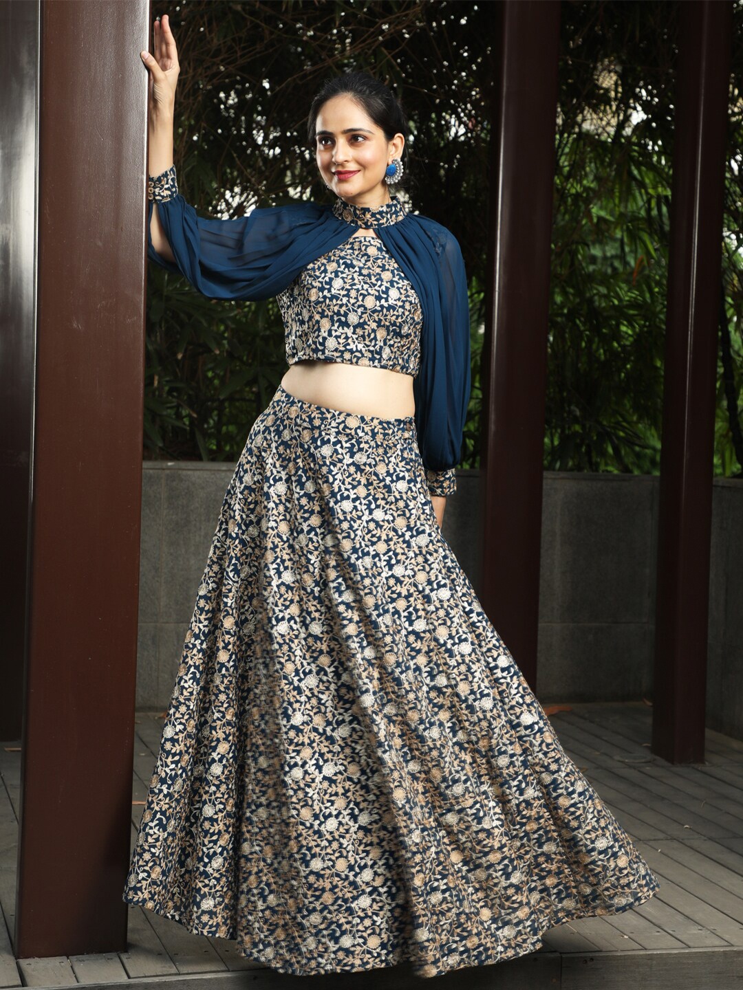 

AKS Couture Ethnic Motifs Embroidered Ready to Wear Lehenga & Blouse With Cape, Navy blue