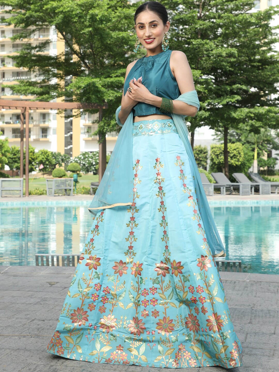 

AKS Couture Floral Printed Zari Ready to Wear Lehenga & Blouse With Dupatta, Teal