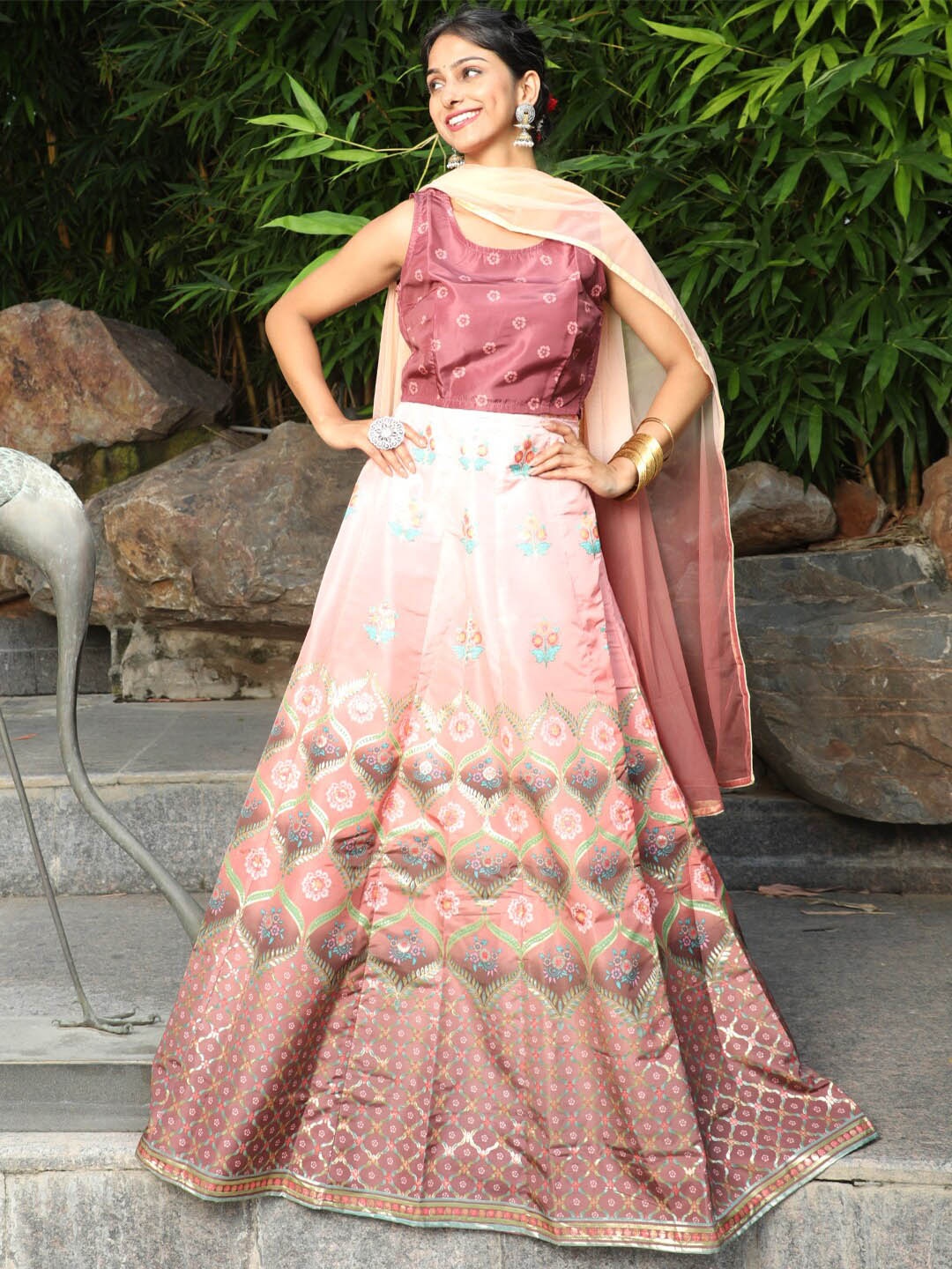 

AKS Couture Floral Printed Ready to Wear Lehenga & Blouse With Dupatta, Coffee brown