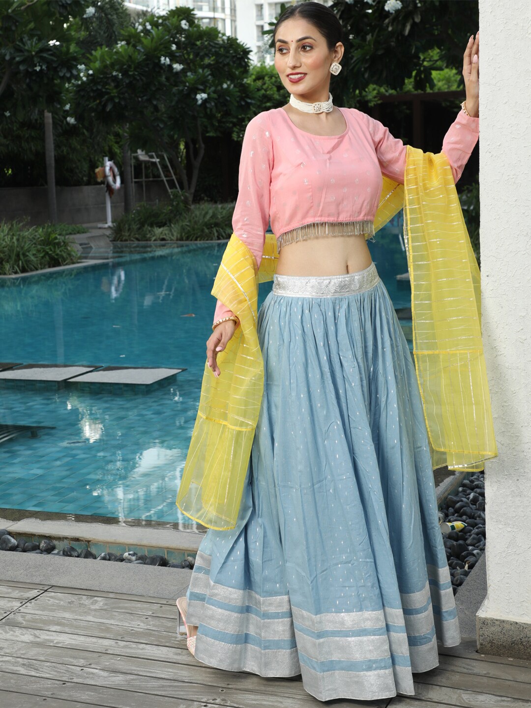 

AKS Couture Woven Design Beads & Stones Ready to Wear Cotton Lehenga & Blouse With Dupatta, Blue