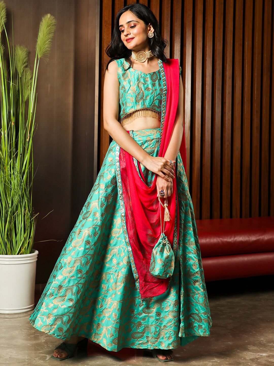 

AKS Couture Woven Design Beads & Stones Ready to Wear Silk Lehenga & Blouse With Dupatta, Green