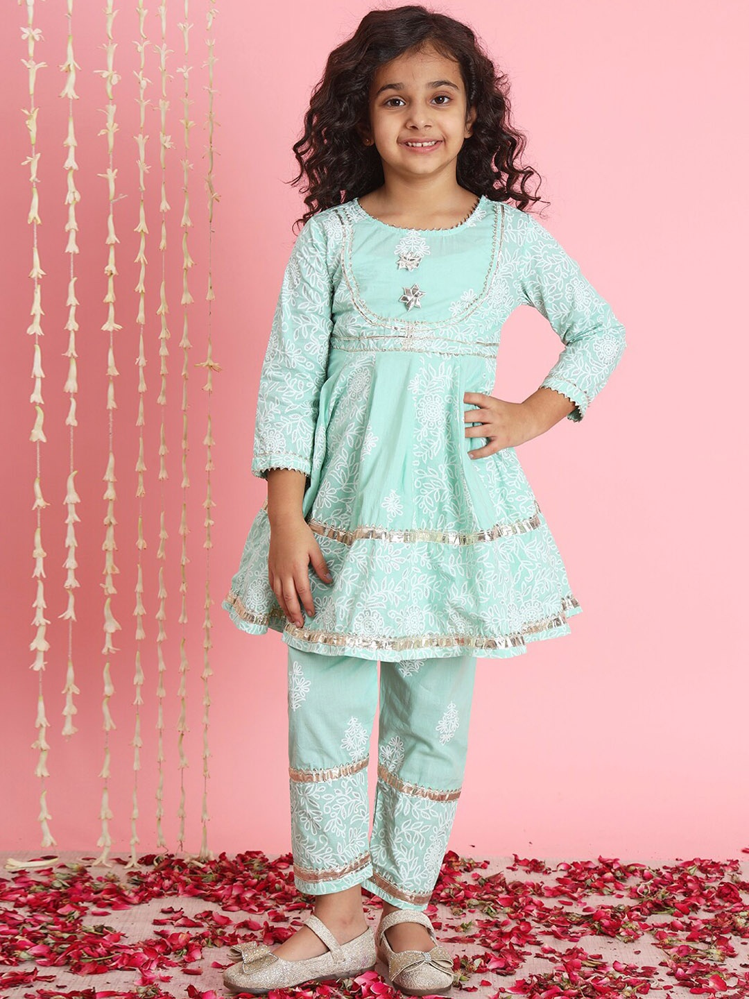

Readiprint Girls Floral Printed Gotta Patti Cotton A-Line Kurti With Trousers, Green