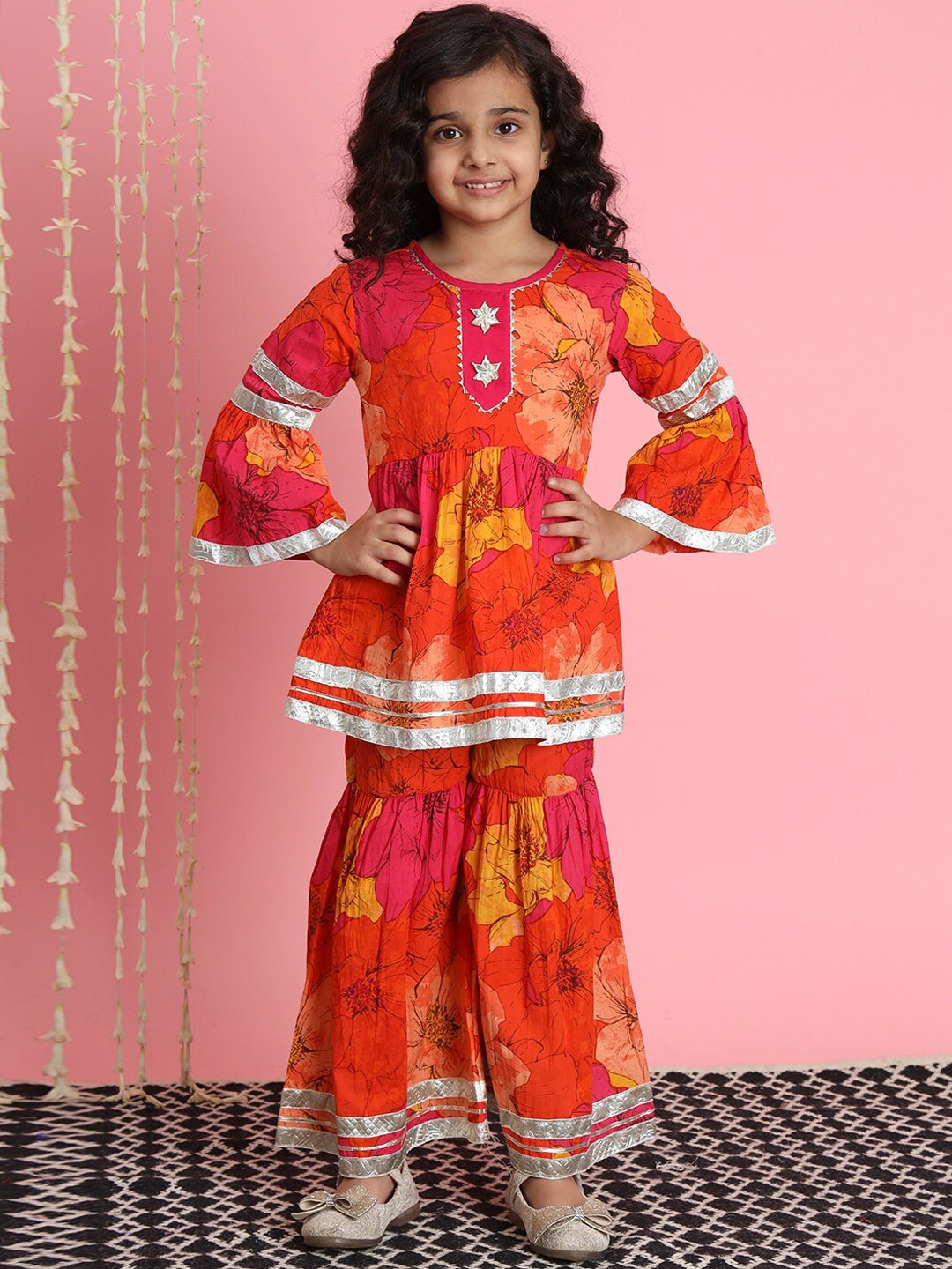 

Readiprint Girls Floral Printed Gotta Patti Cotton A-Line Kurti With Sharara, Orange