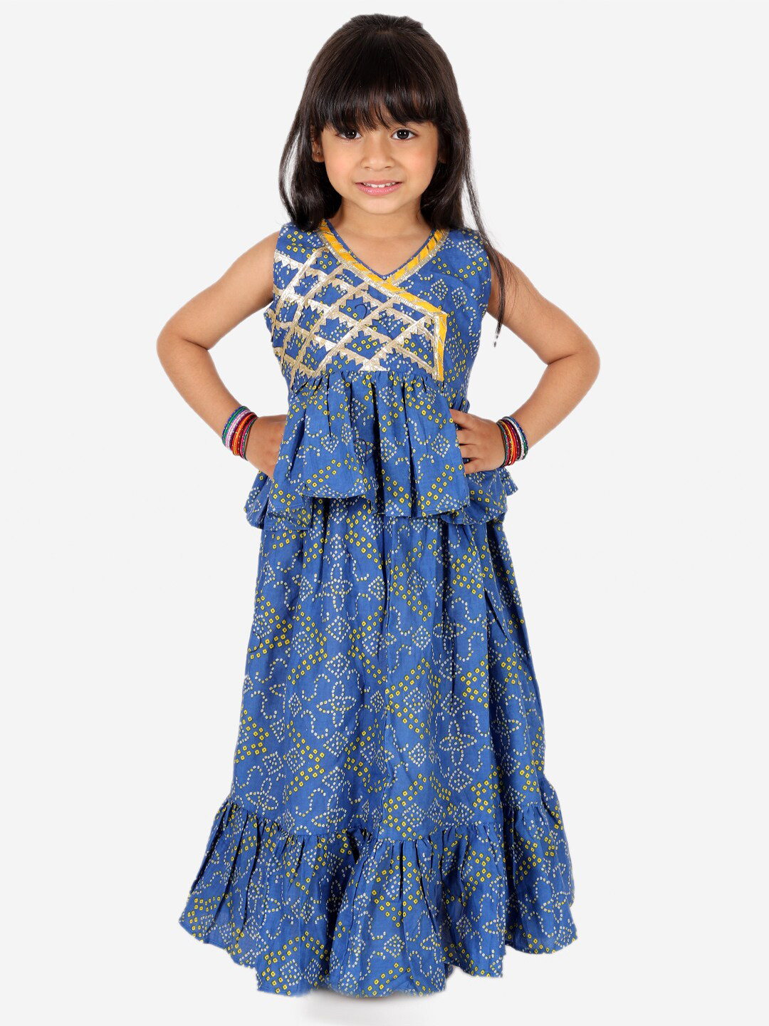 

BownBee Girls Bandhani Printed Gotta Patti Ready to Wear Lehenga & Blouse, Blue