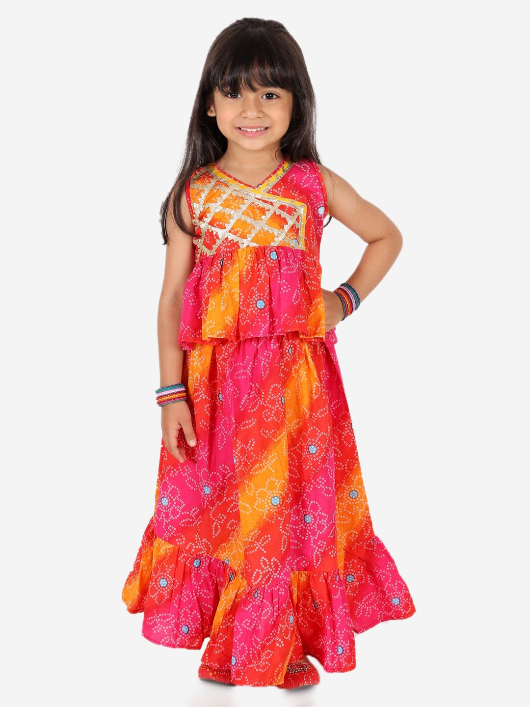 

BownBee Girls Bandhani Printed Gotta Patti Ready to Wear Lehenga & Blouse, Red