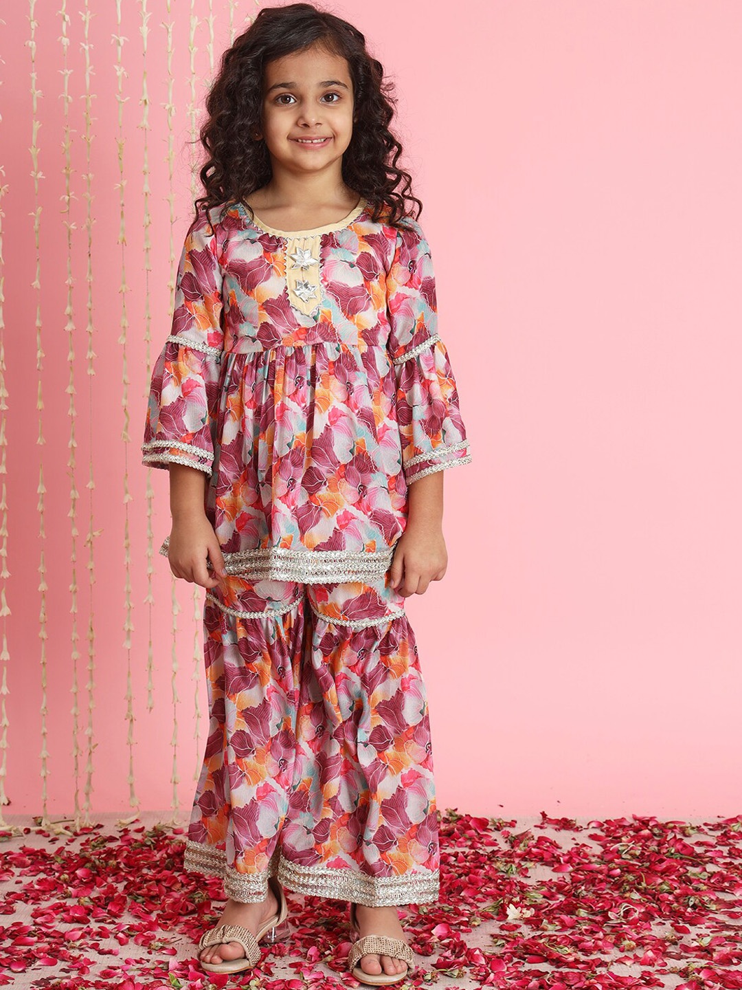 

Readiprint Girls Floral Printed Empire Gotta Patti Kurti With Sharara, Purple
