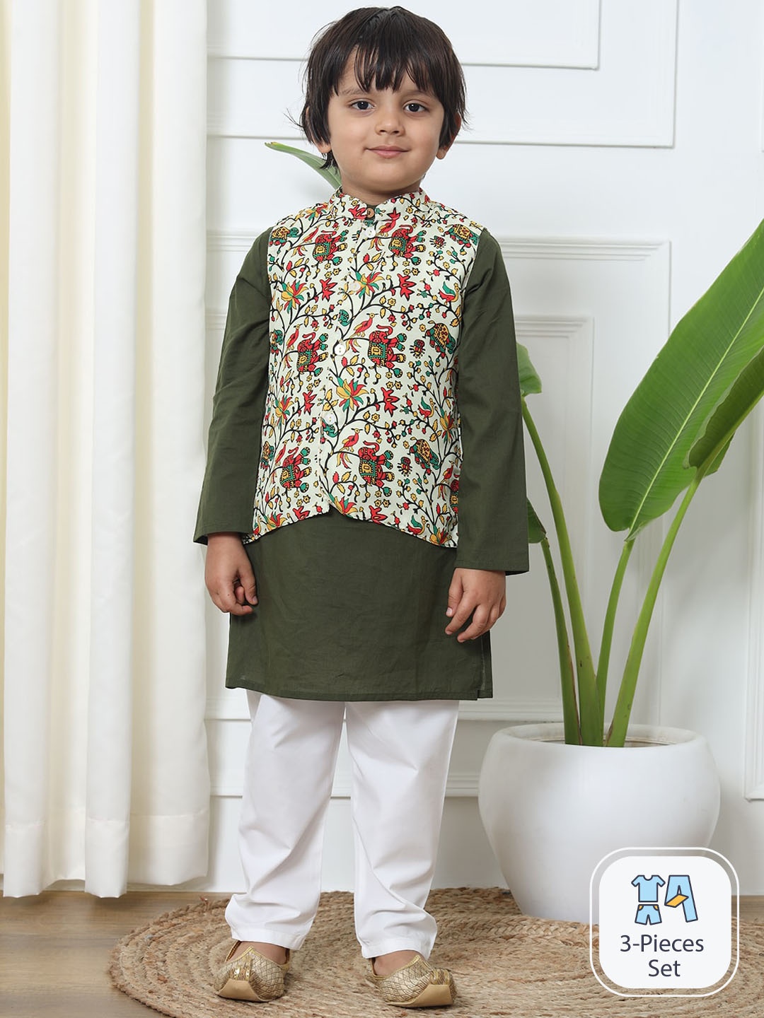 

Readiprint Fashions Boys Pure Cotton Kurta With Pyjamas & Nehru Jacket, Green