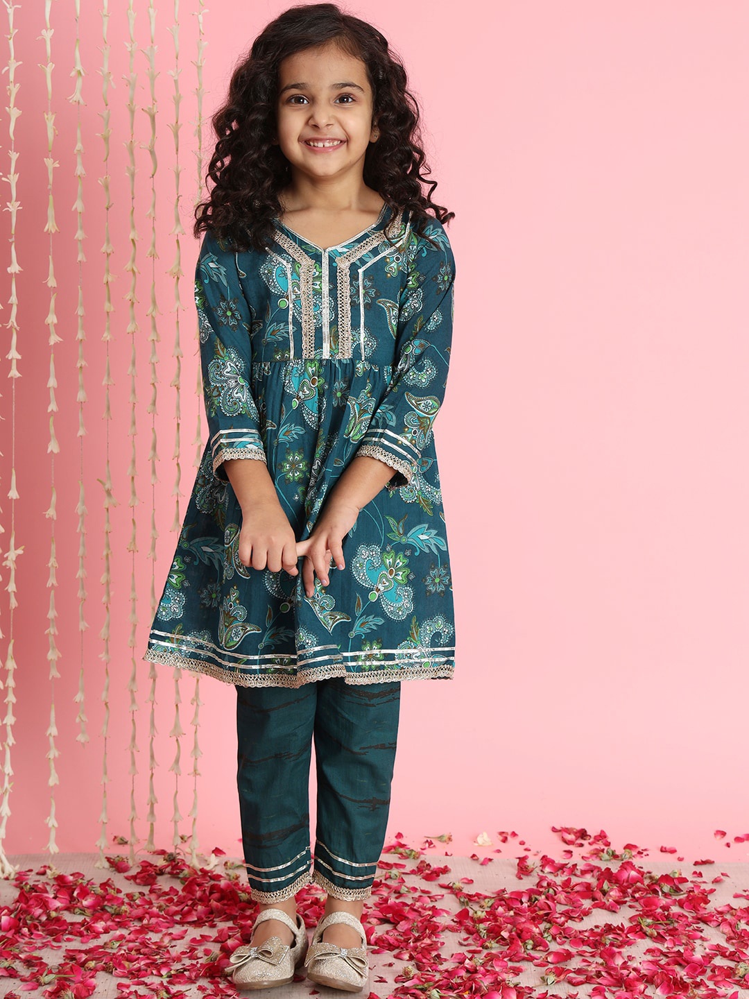 

Readiprint Fashions Girls Floral Printed Gotta Patti Cotton A-Line Kurti With Trousers, Teal