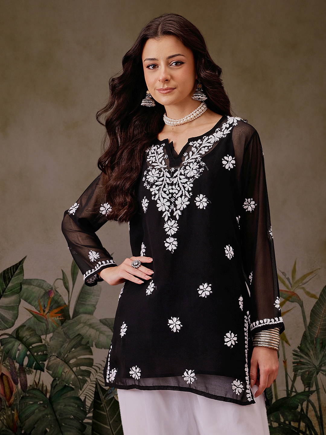 

ADA Floral Embroidered Round Neck Long Sleeve Chikankari Straight Kurti With Slip, Black