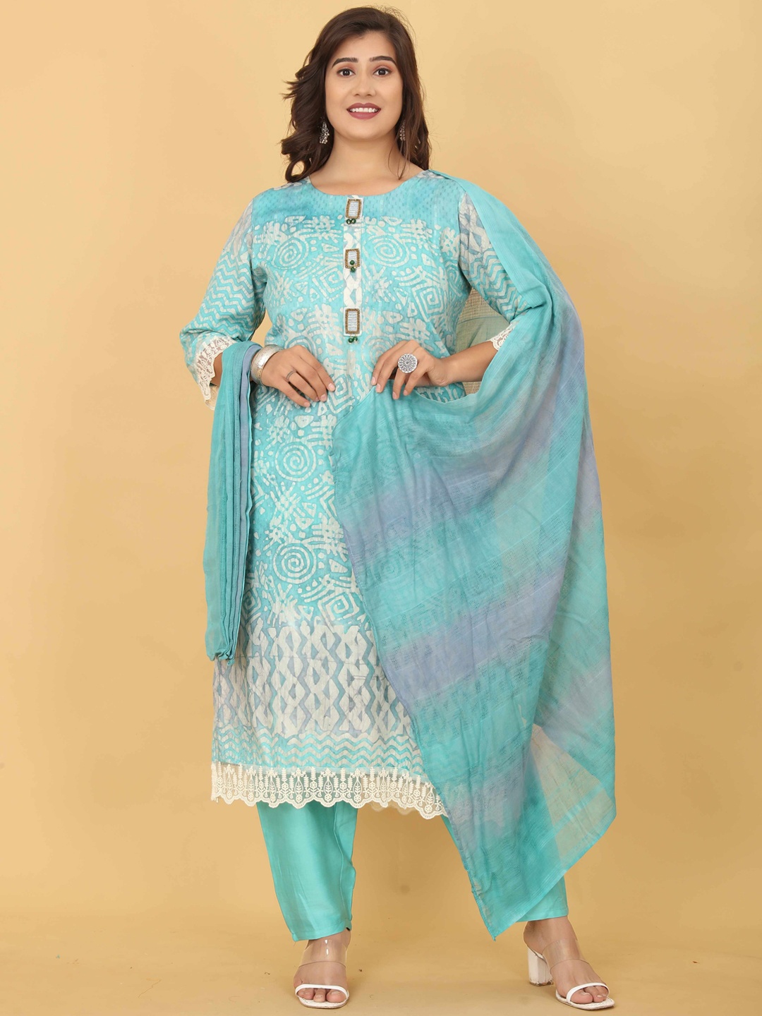 

OEQUAL Ethnic Motifs Printed Pure Cotton Kurta With Trousers & Dupatta, Blue
