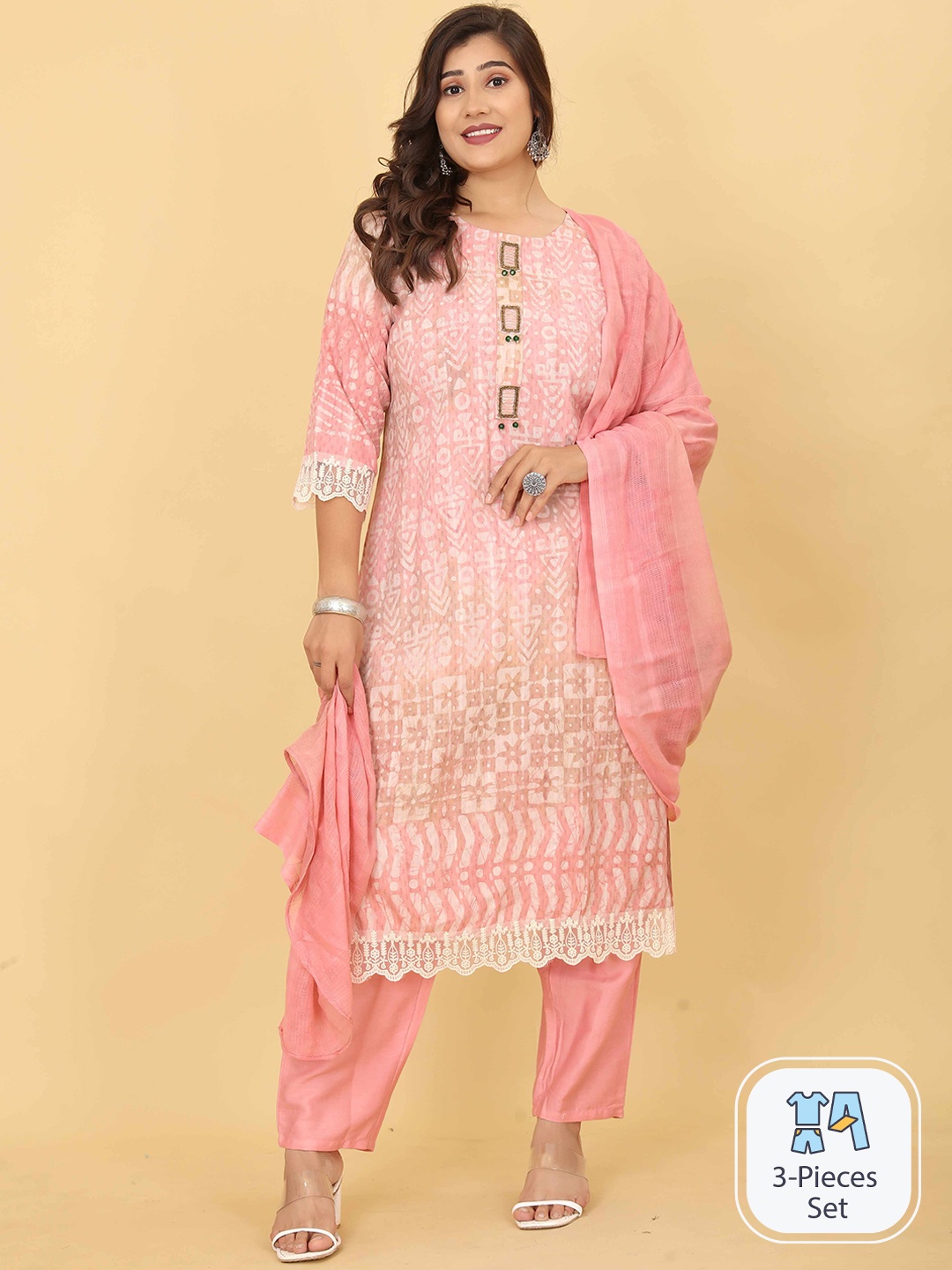 

OEQUAL Floral Printed Pure Cotton Zardozi Kurta With Trousers & Dupatta, Pink