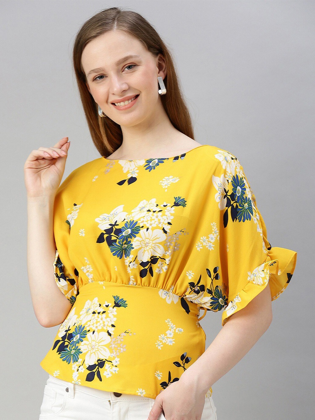 

Sera Floral Printed Bell Sleeves Cinched Waist Top, Yellow