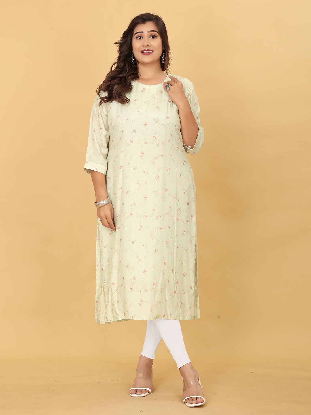 

OEQUAL Floral Printed Cotton Straight Kurta, Yellow