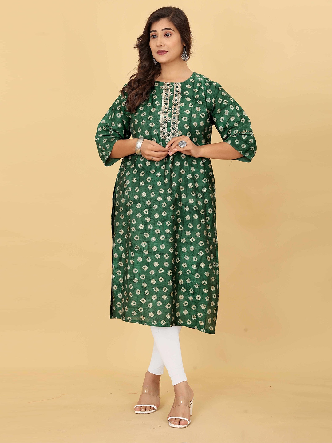 

OEQUAL Abstract Printed Sequinned Straight Kurta, Green