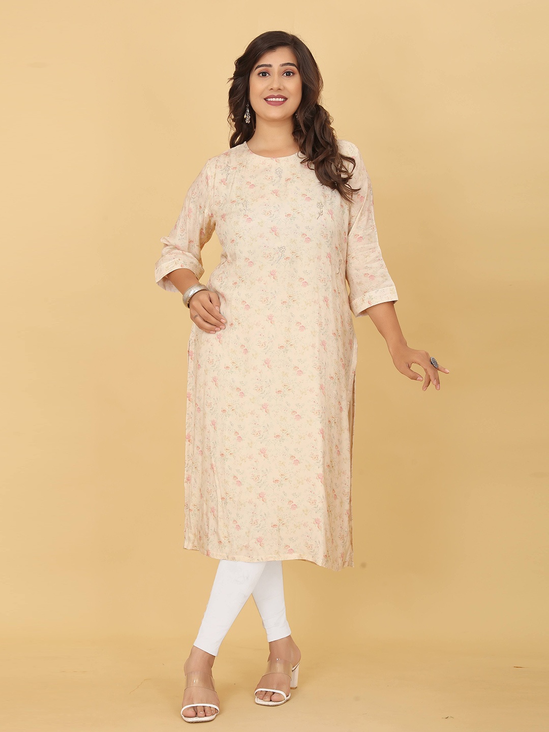 

OEQUAL Floral Printed Straight Cotton Kurta, Peach