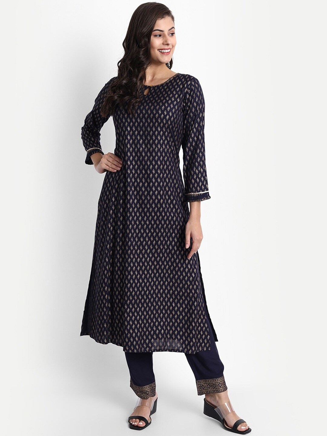 

SUTI Ethnic Motifs Printed Keyhole Neck A-Line Kurta With Trousers, Blue