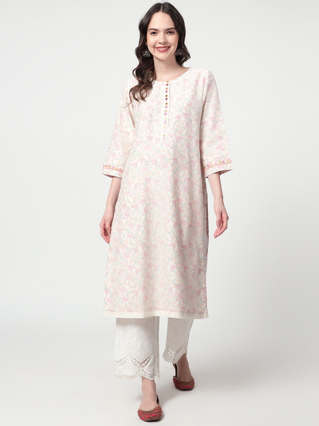 

Spring Soul Floral Printed Chanderi Silk Straight Kurta, Off white