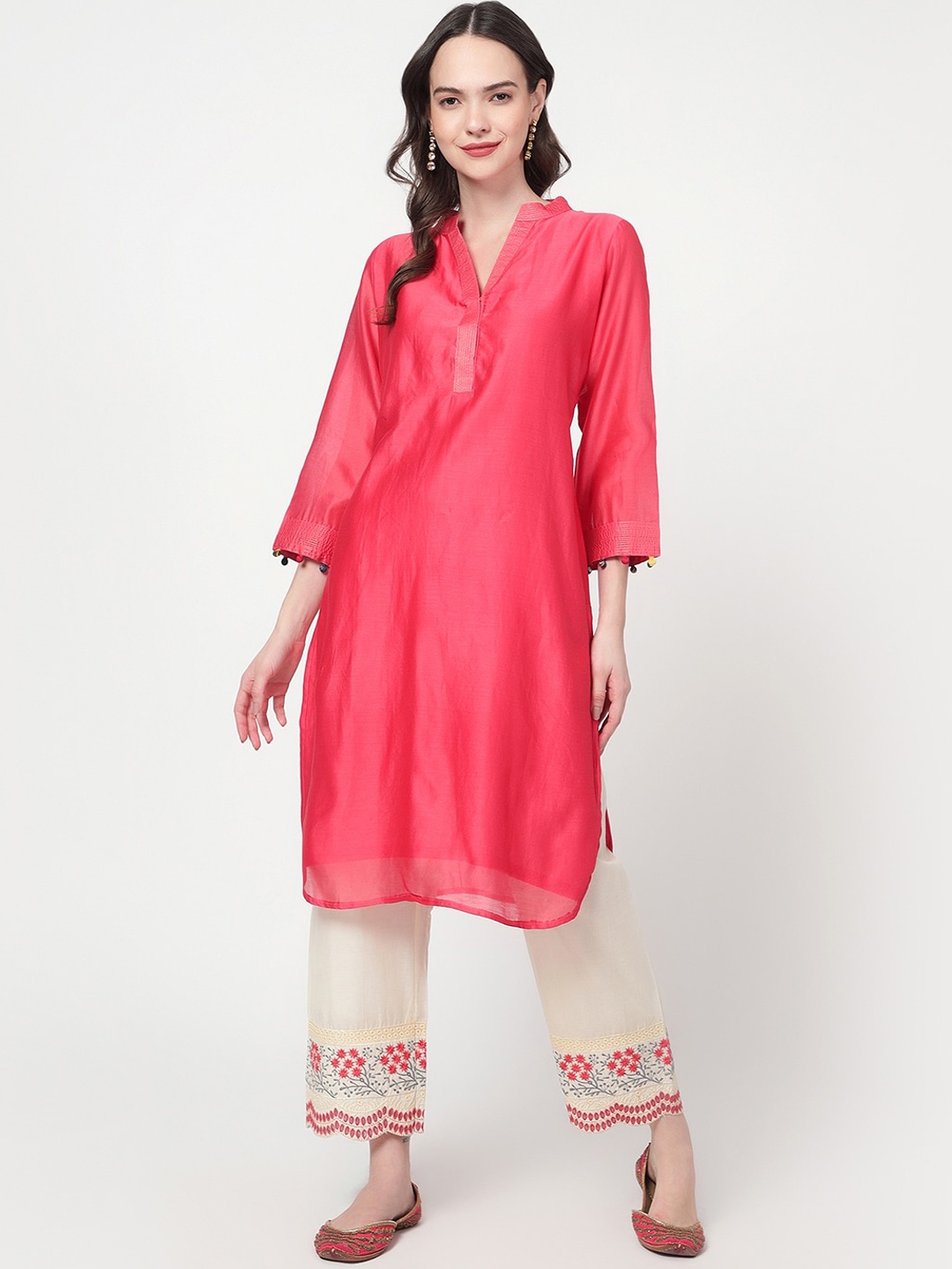 

Spring Soul Mandarin Collar Chanderi Silk A-Line Kurta, Pink