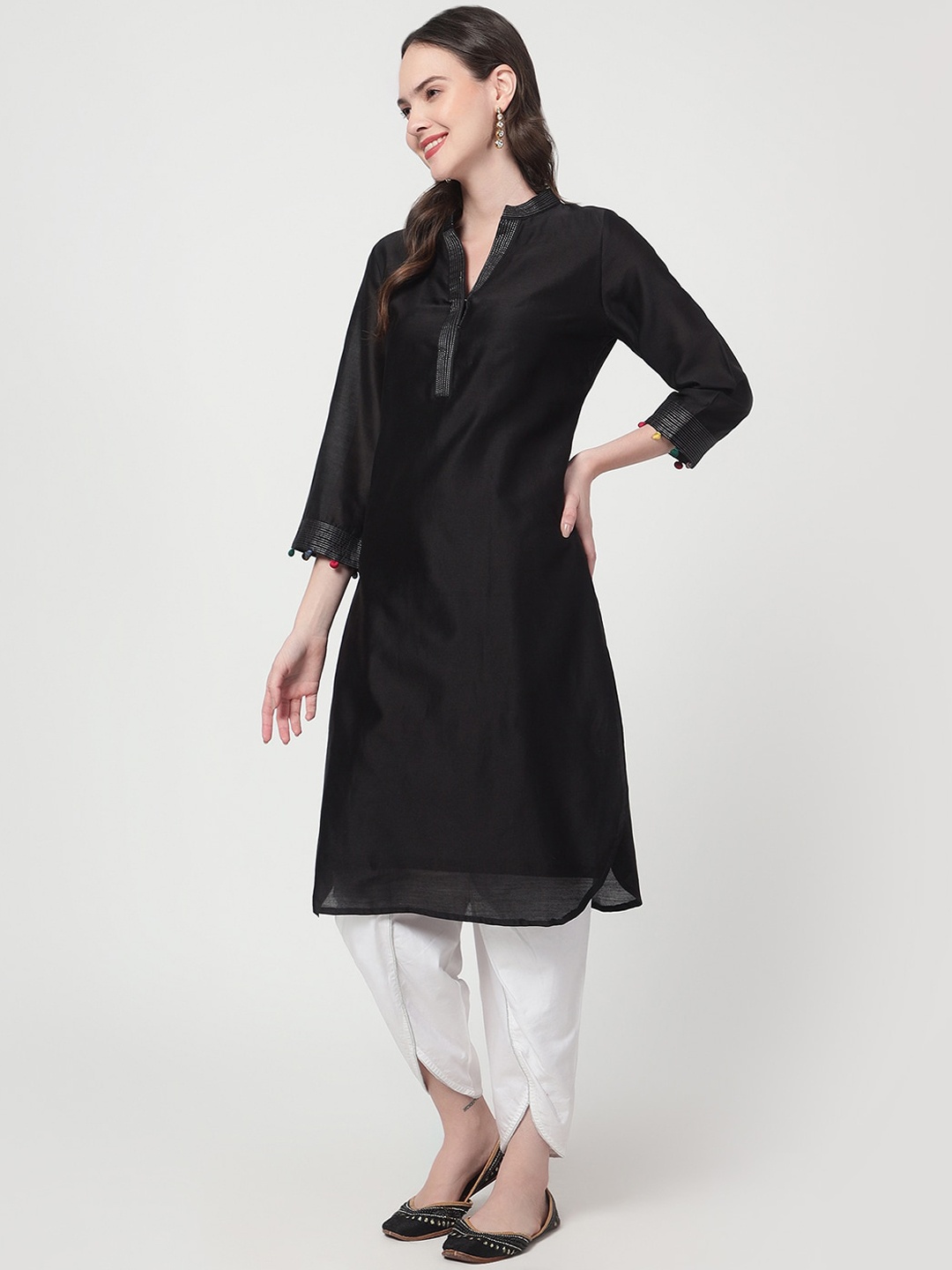 

Spring Soul Mandarin Collar Chanderi Silk A-Line Kurta, Black