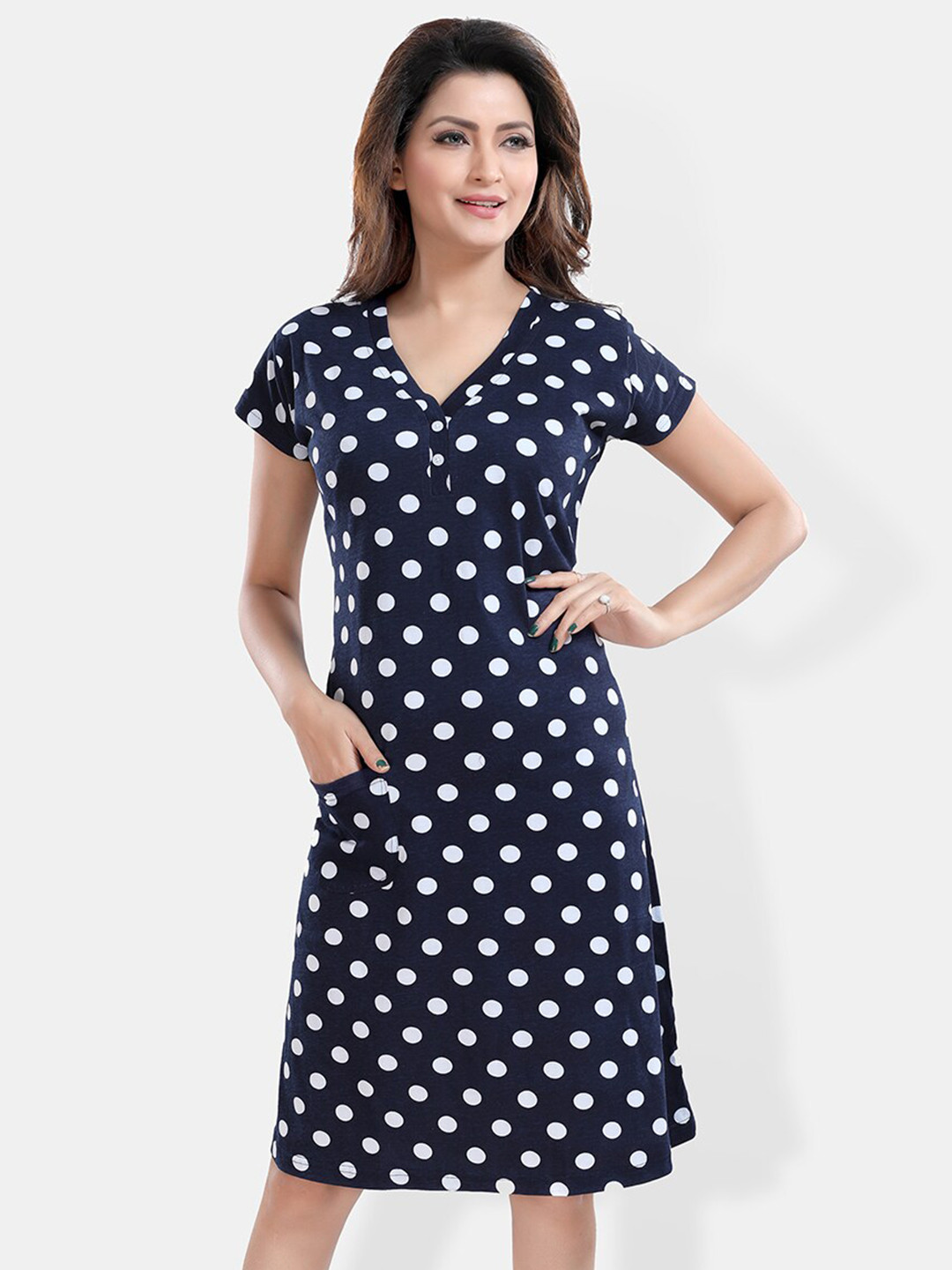 

Be You Polka Dots Printed T-shirt Nightdress, Navy blue