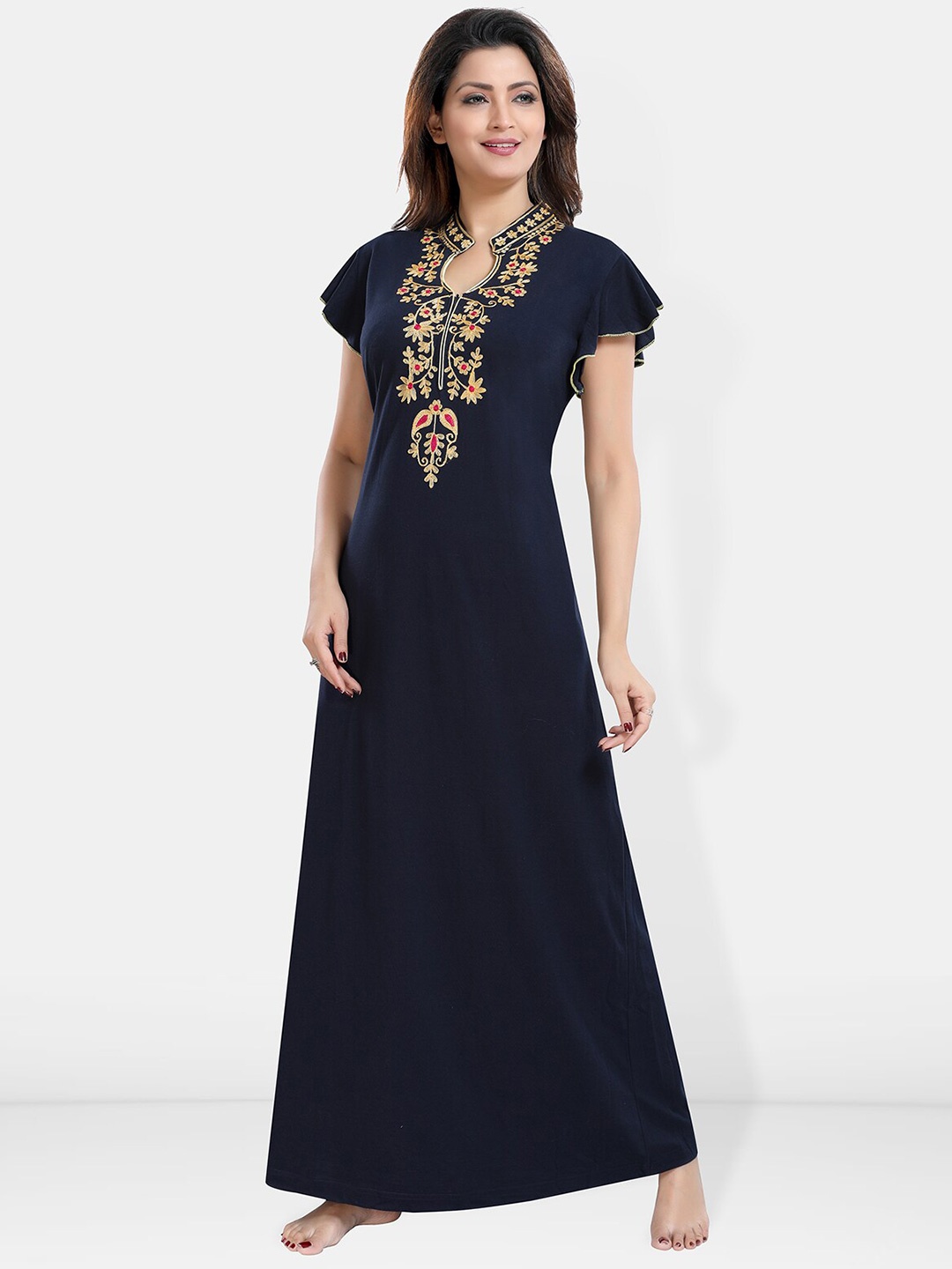 

Be You Floral Embroidered Mandarin Collar Maxi Nightdress, Black
