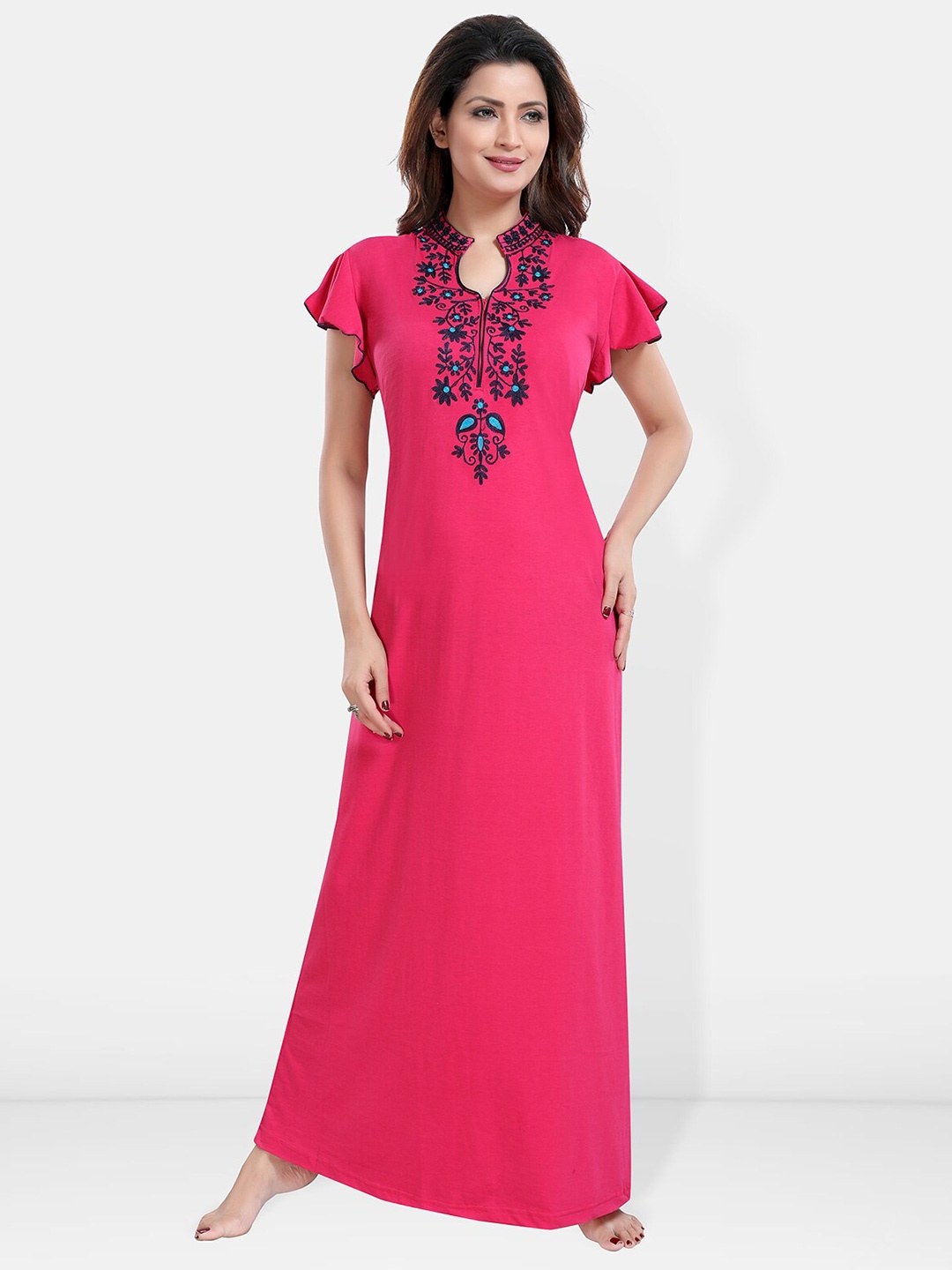 

Be You Floral Embroidered Mandarin Collar Maxi Sweat Nightdress, Pink