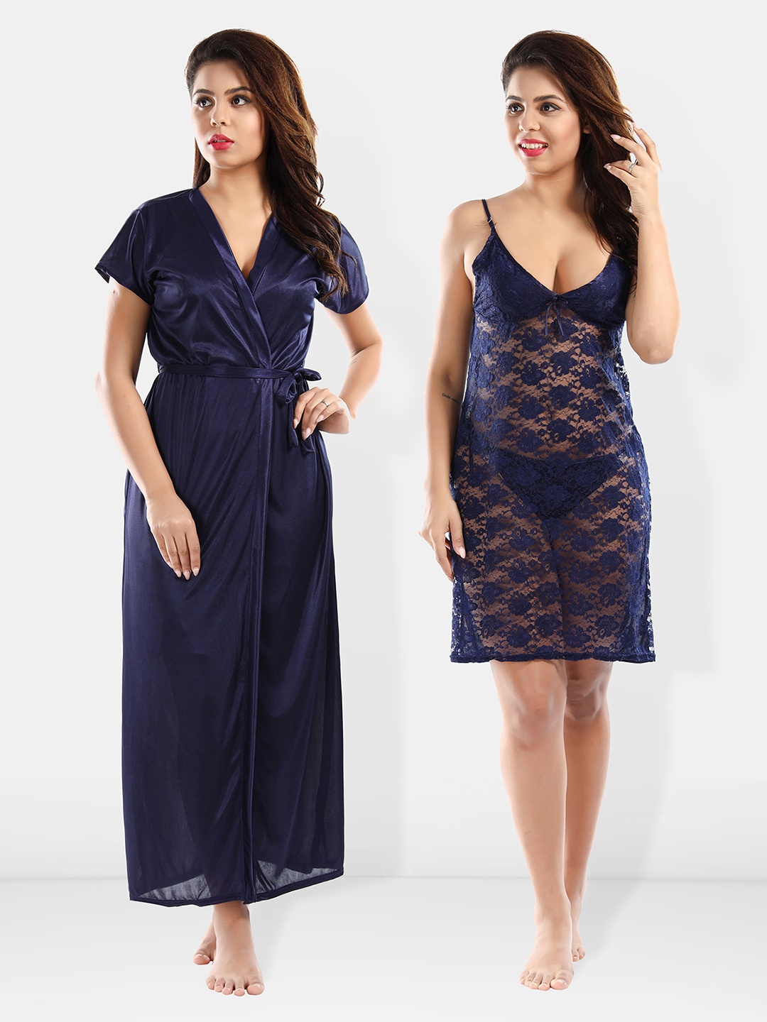 

Be You Shoulder Straps Laced Nightdress With Satin Robe And Briefs, Navy blue
