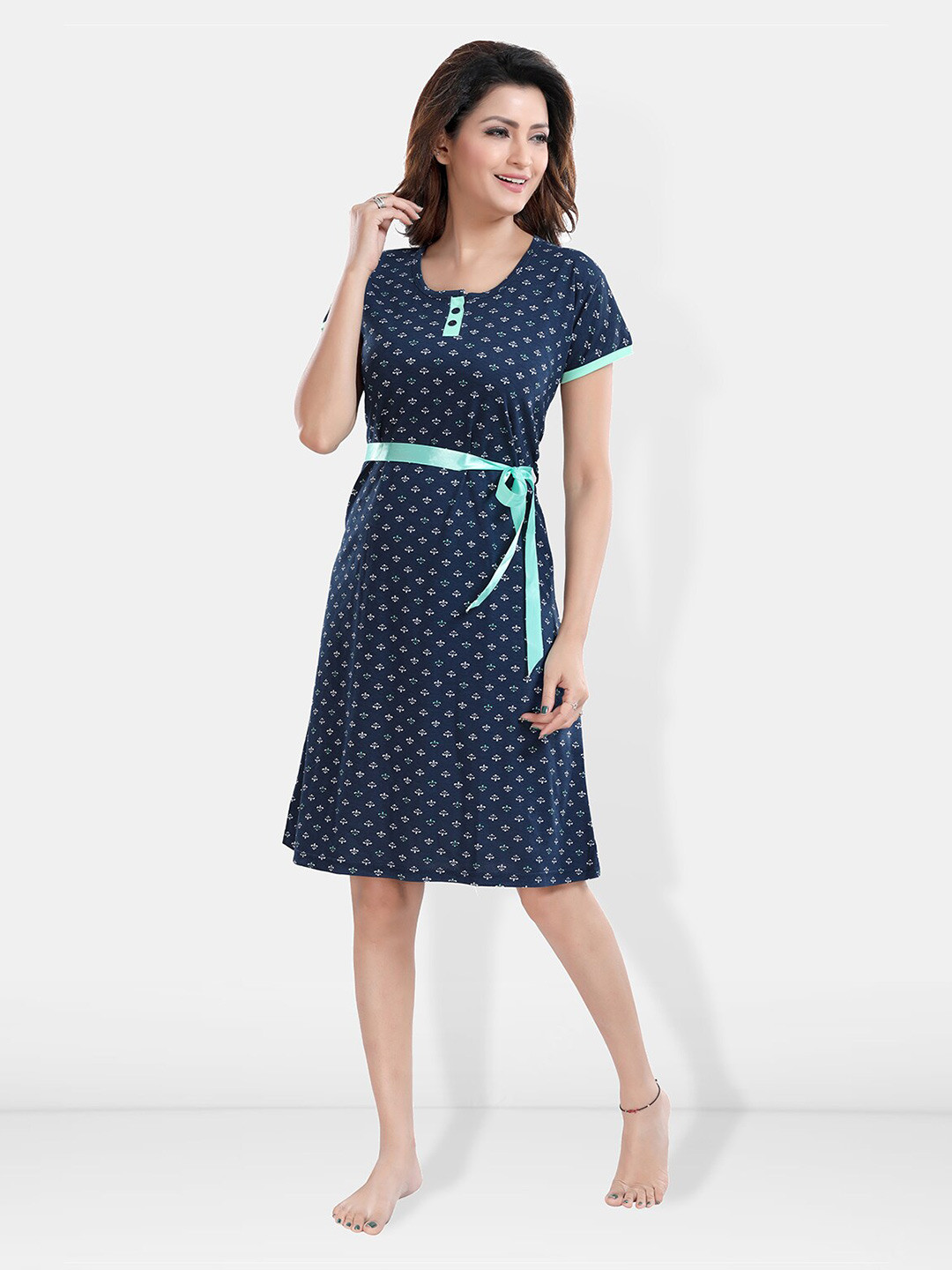 

Be You Ethnic Motifs Printed Round Neck T-Shirt Nightdress, Navy blue