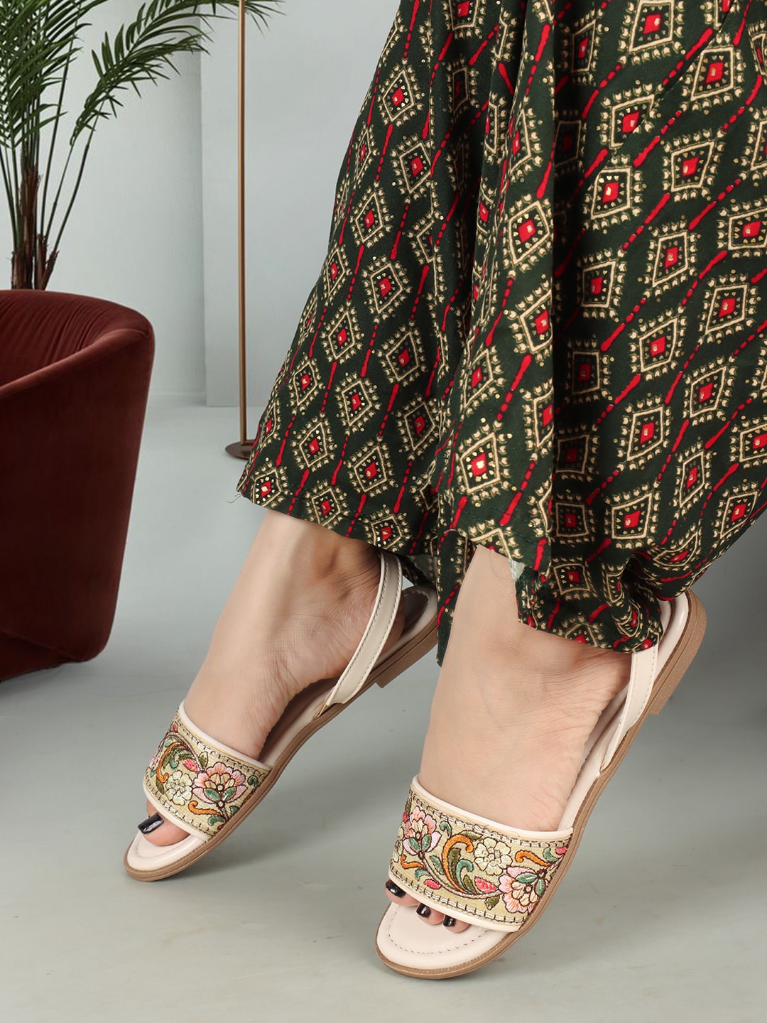 

ICONICS Ethnic Embroidered Open Toe Flats With Backstrap, Cream