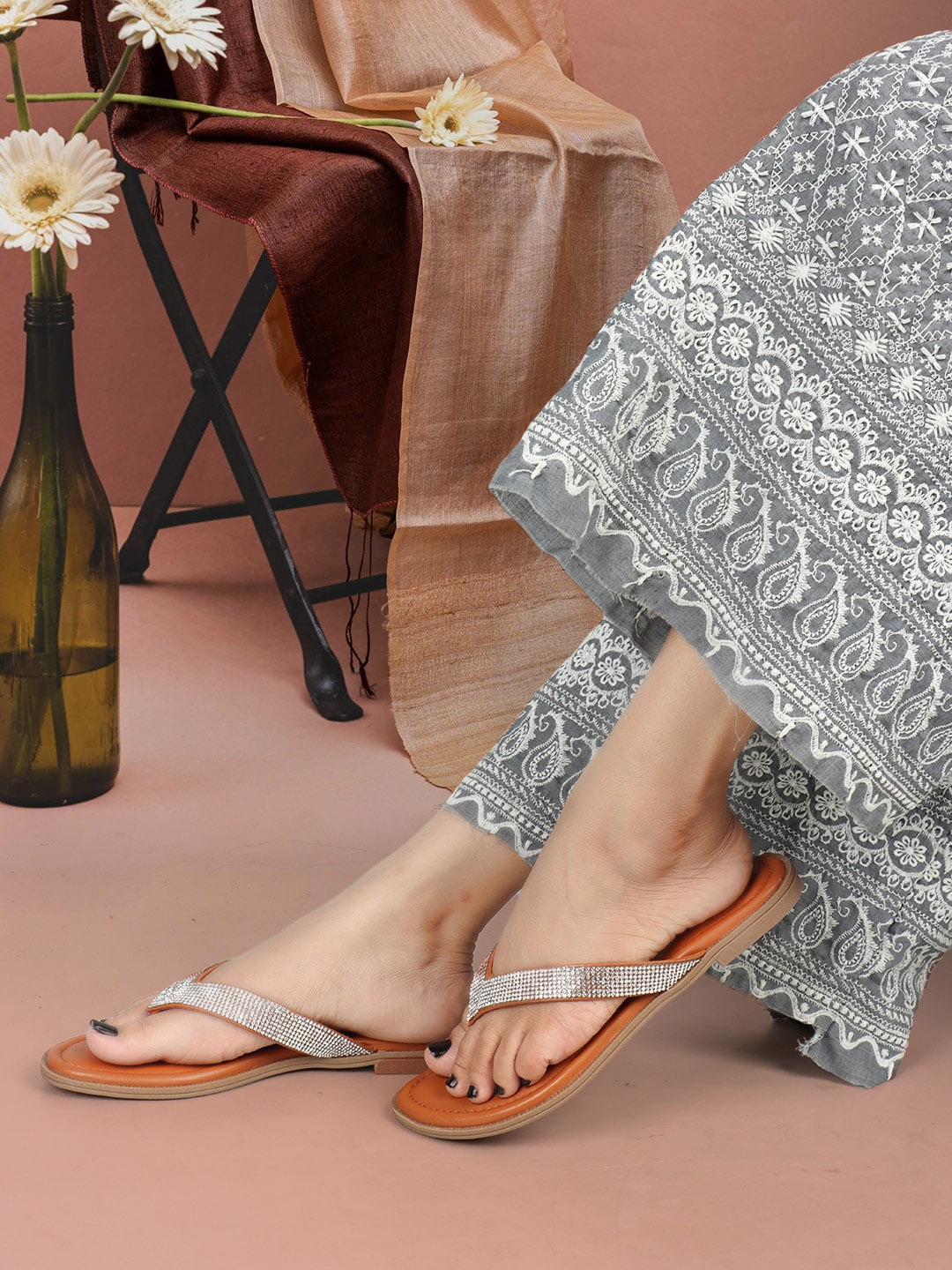 

ICONICS Embellished Open Toe Flats, Tan