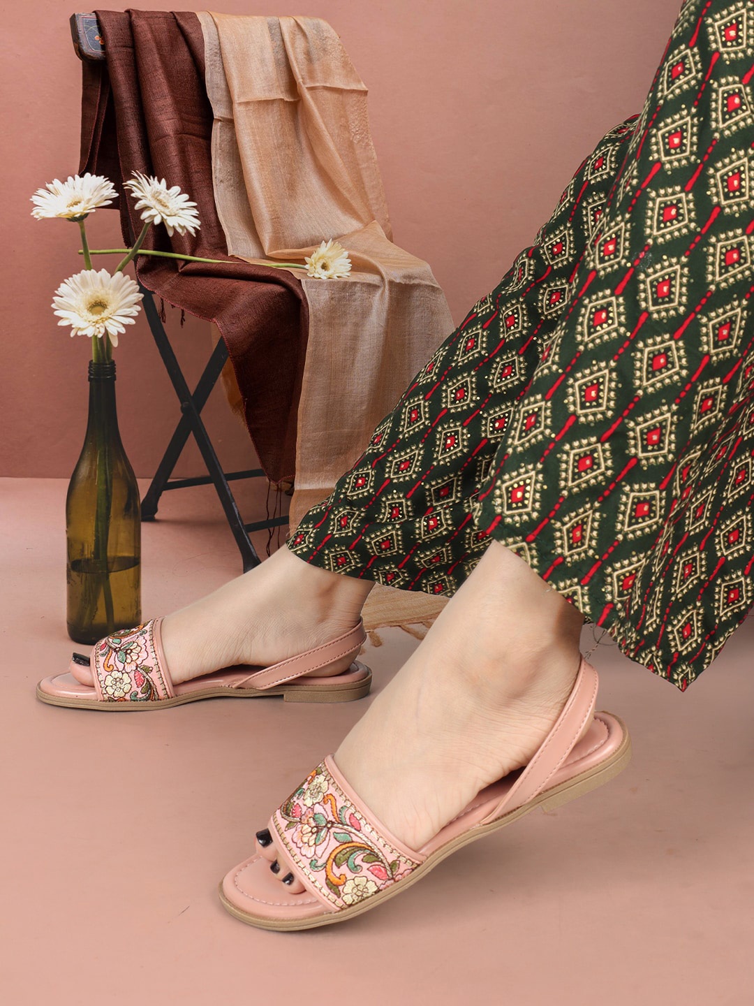 

ICONICS Floral Embroidered Open Toe Flats With Backstrap, Pink