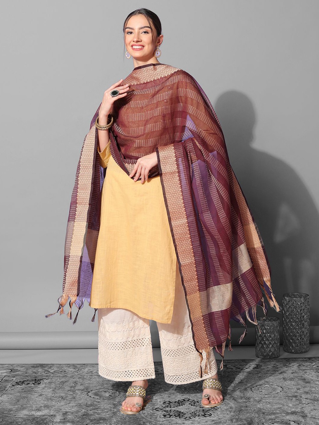 

Satrani Striped Woven Design Dupatta With Zari, Maroon
