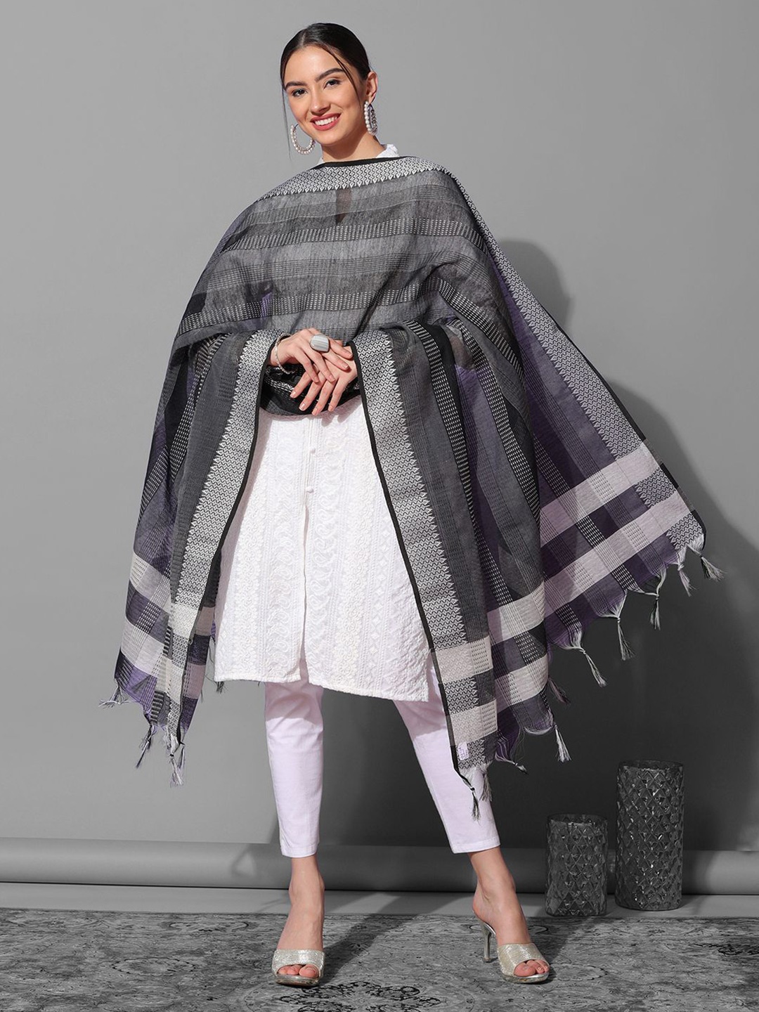 

Satrani Striped Woven Design Dupatta, Black