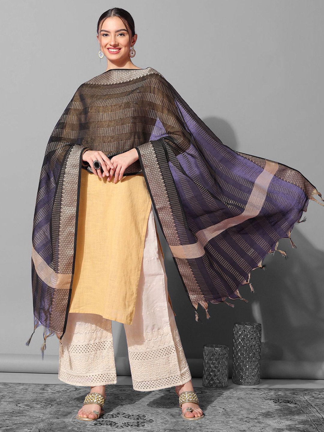 

Satrani Striped Woven Design Dupatta With Zari, Black