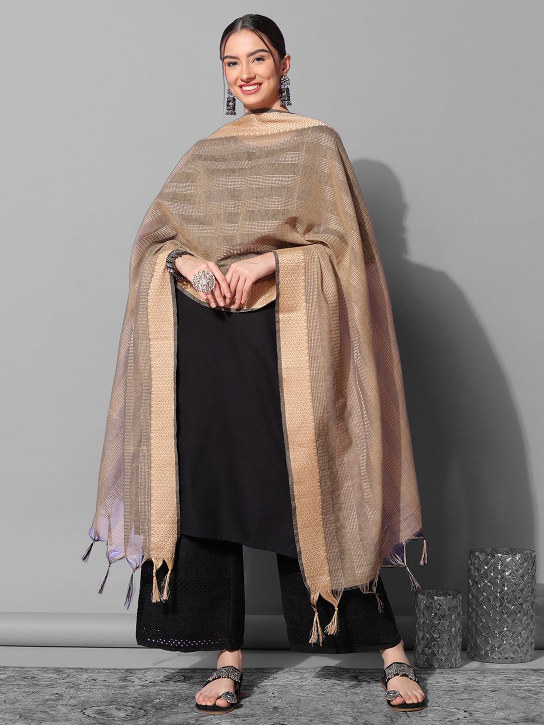 

Satrani Striped Woven Design Dupatta With Zari, Beige