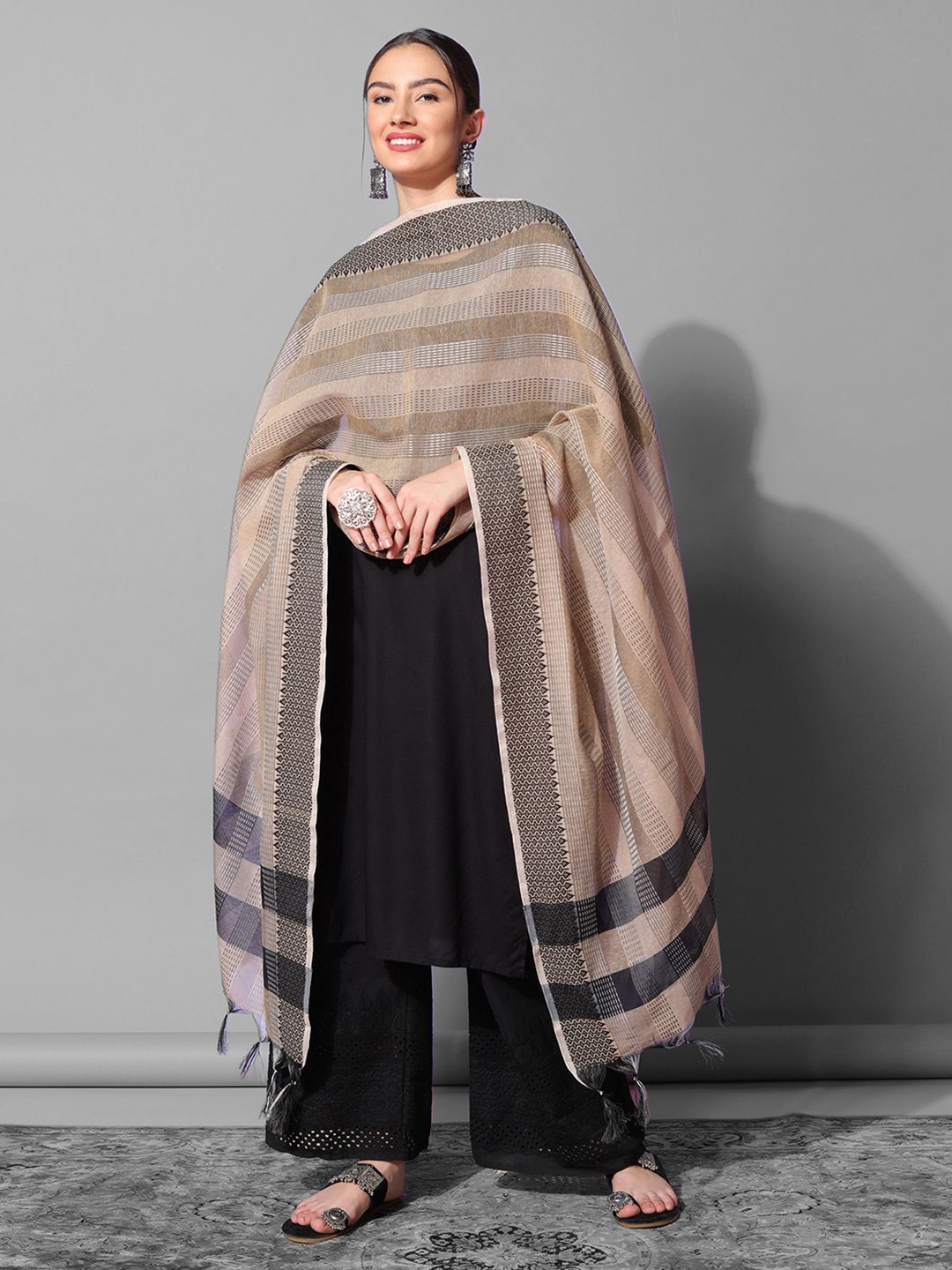 

Satrani Striped Woven Design Zari Dupatta, Beige