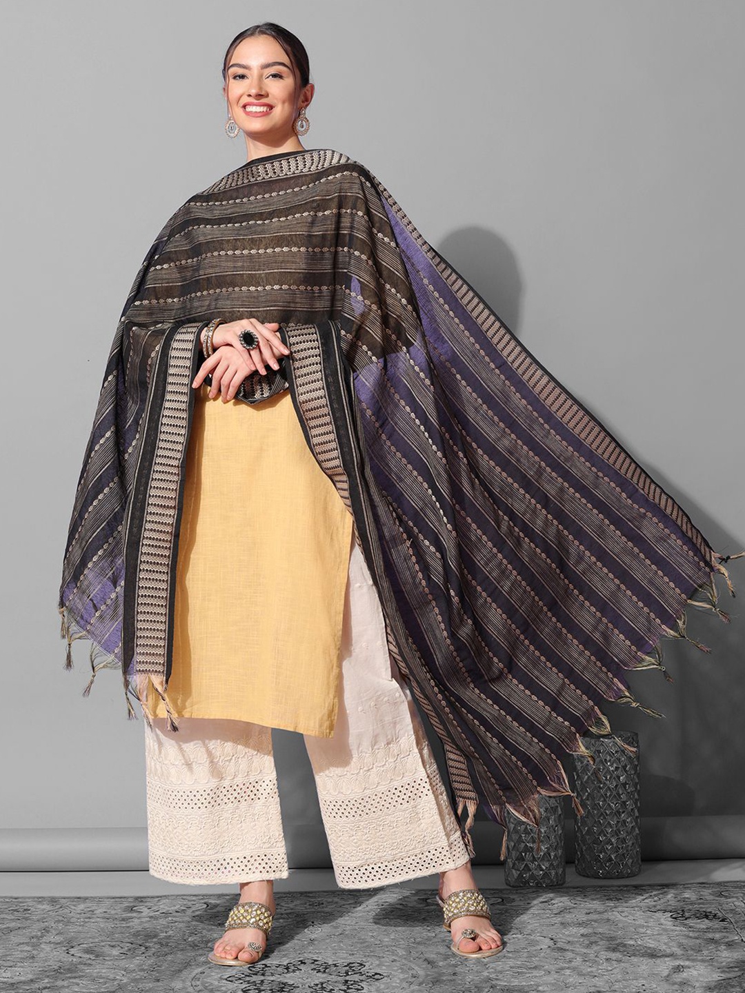 

Satrani Striped Woven Design Zari Dupatta, Black