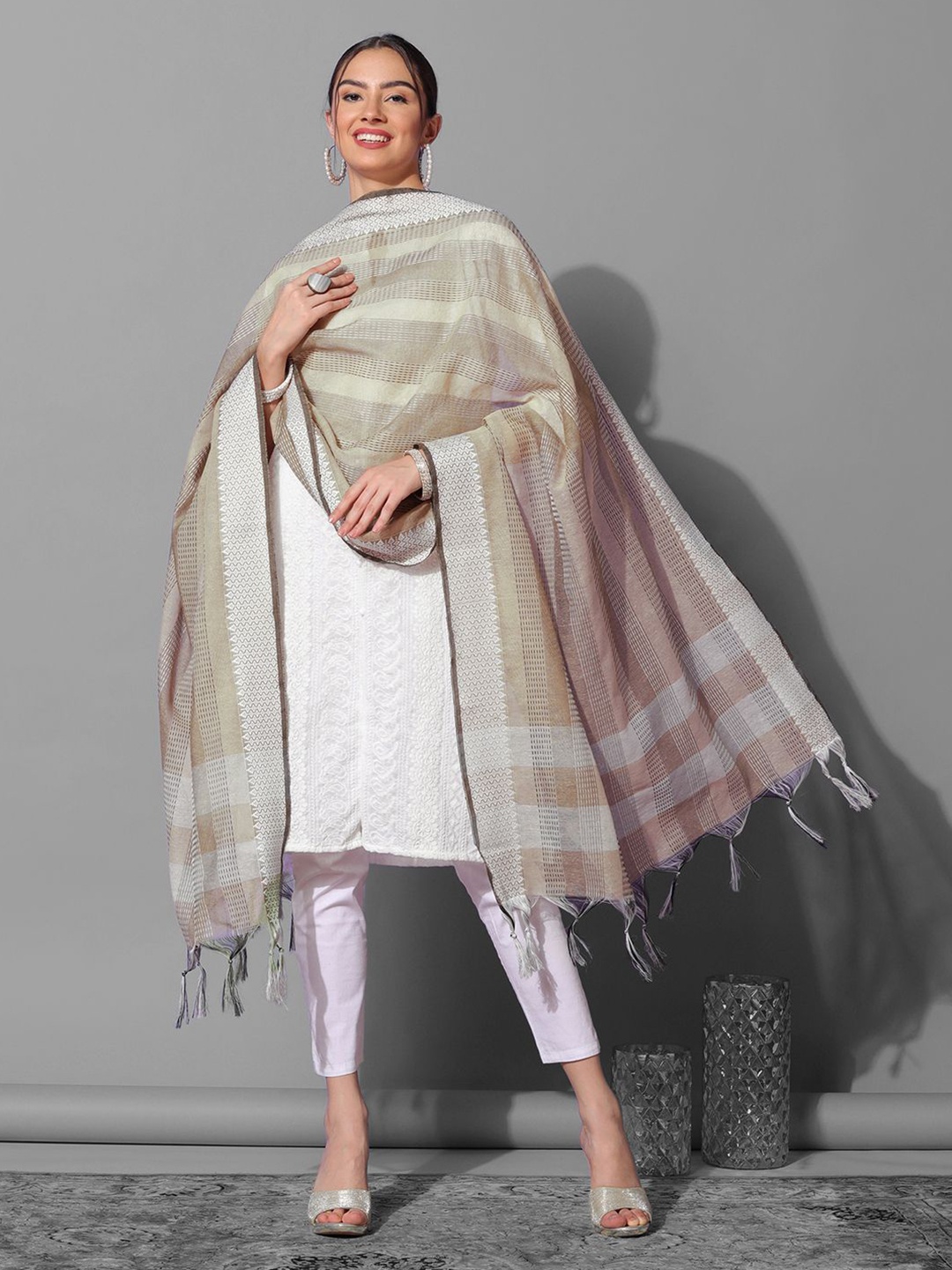 

Satrani Striped Woven Design Zari Dupatta, Beige