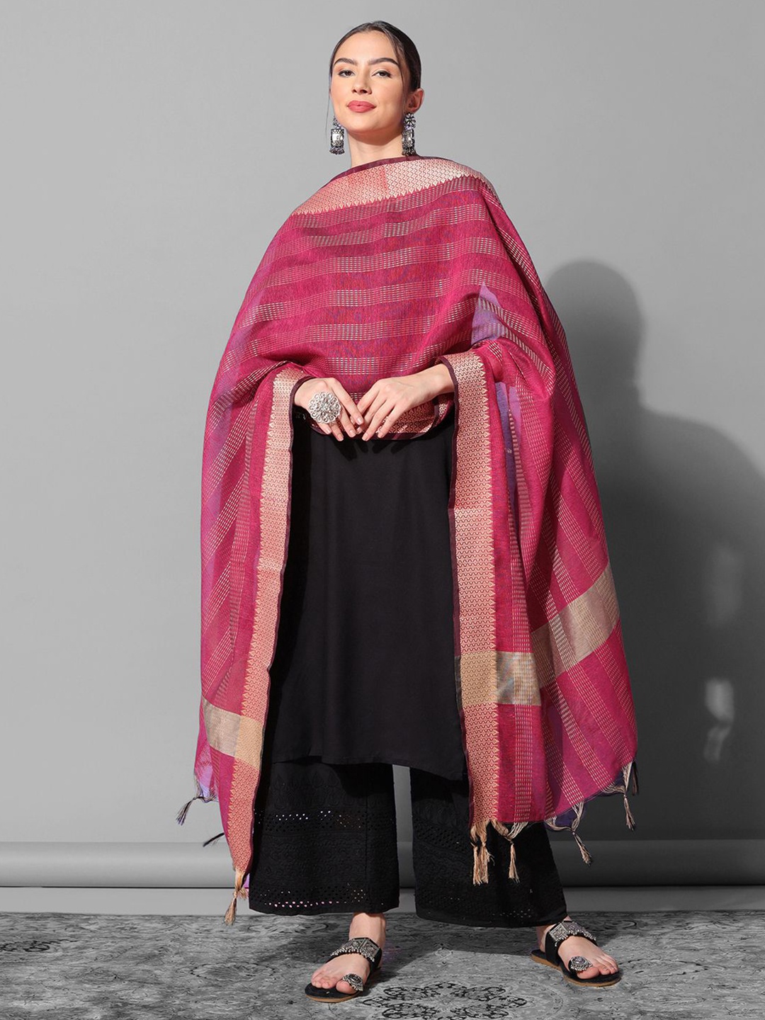 

Satrani Striped Woven Design Zari Dupatta, Purple
