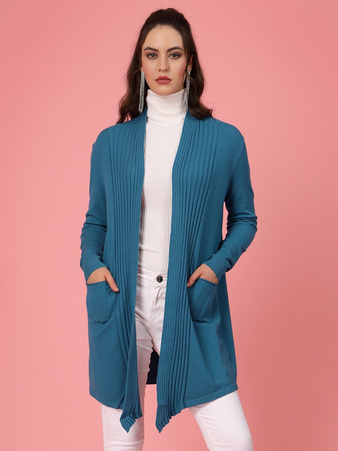 

Mafadeny Long Sleeves Open Front Shrug, Turquoise blue