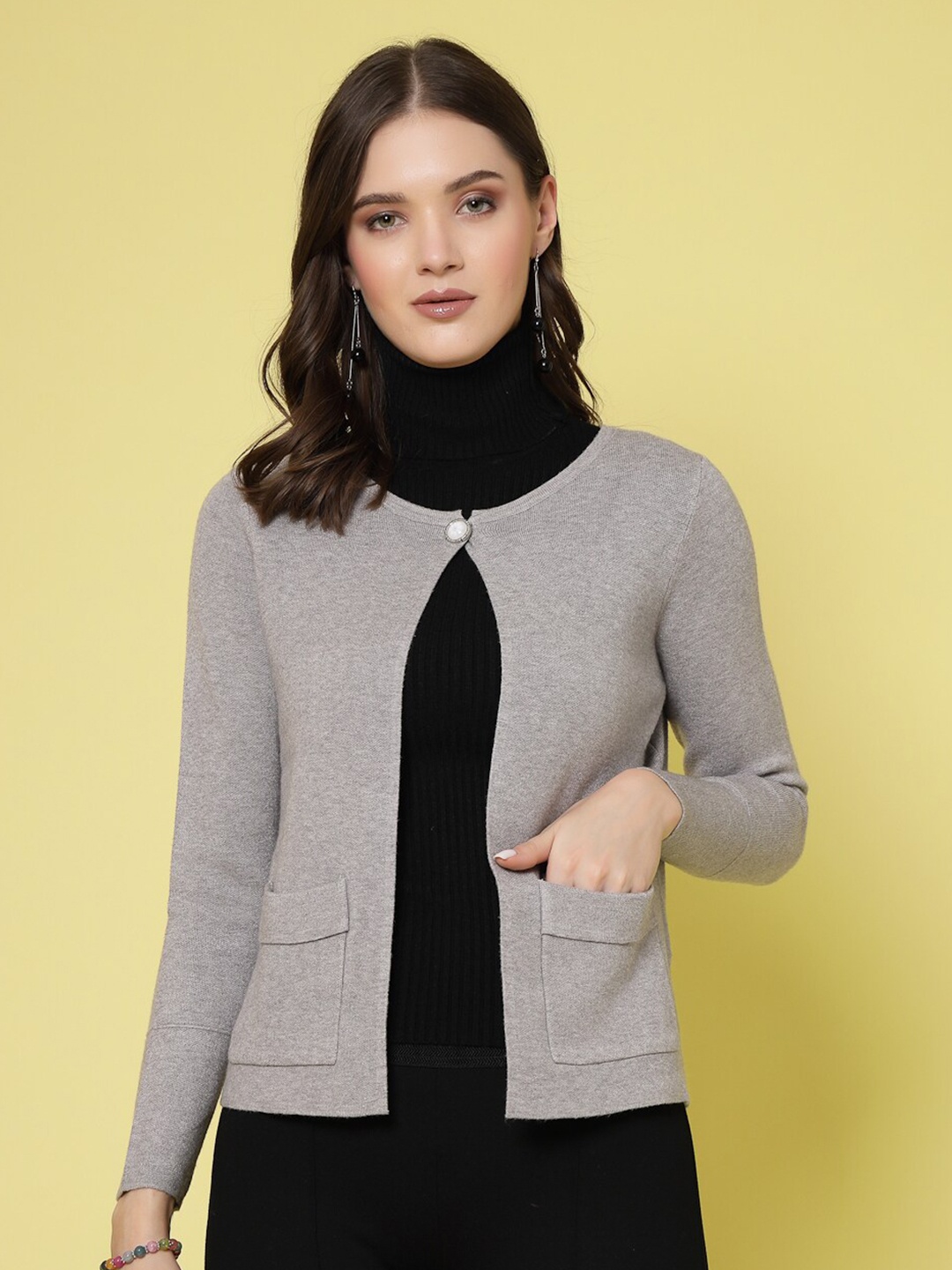 

Mafadeny Long Sleeves Button Shrug, Grey