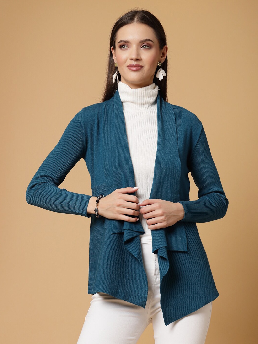 

Mafadeny Long Sleeves Open Front Shrug, Teal