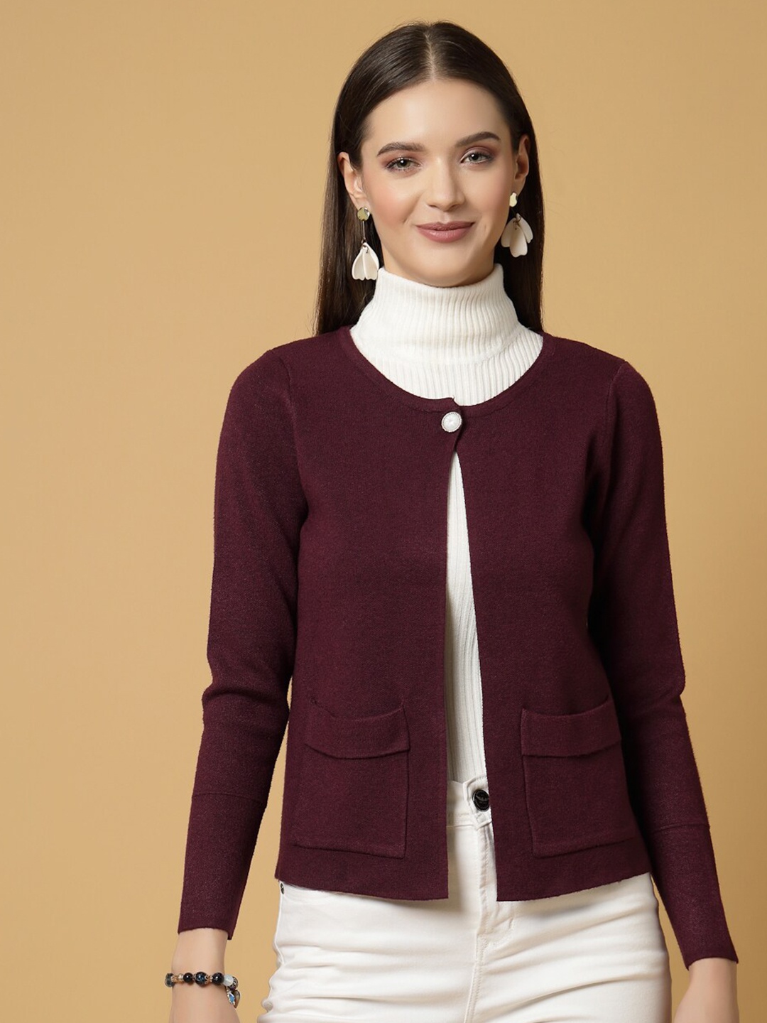 

Mafadeny Long Sleeves Open Front Shrug, Burgundy